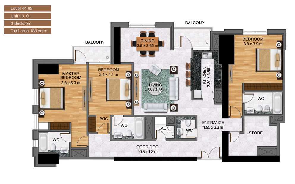 Level-44-62,Unit-no-1-,3-Bedroom-,Size-183-Sq m